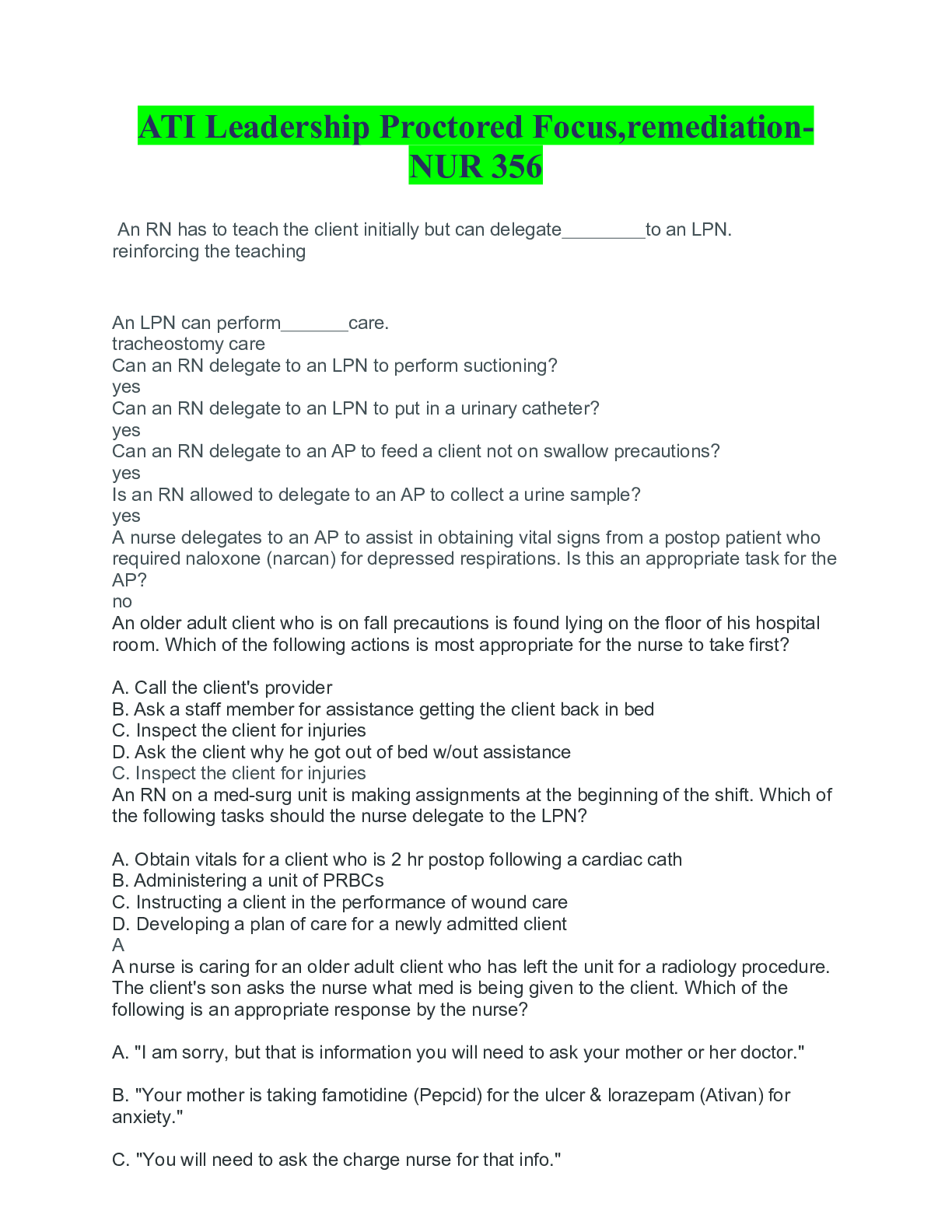 Preview of ATI Leadership Proctored Focus,remediation-NUR 356